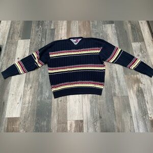 VTG TOMMY HILFIGER Lion Crest Color Block Striped Crewneck Sweater 90s XL